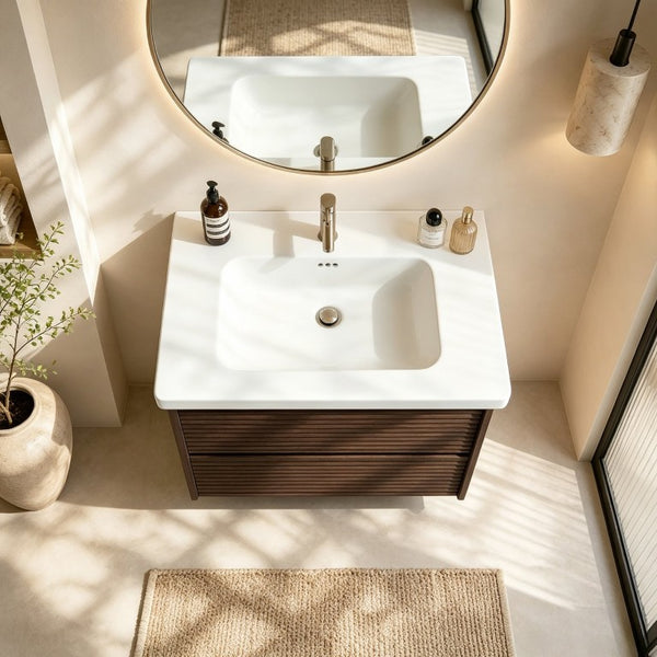 English Elm Wall Mounted Floating Bathroom Vanity with Ceramic Sink Soft Close Drawers Modern Walnut W3133S00044