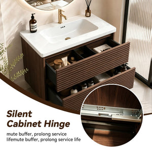English Elm Wall Mounted Floating Bathroom Vanity with Ceramic Sink Soft Close Drawers Modern Walnut W3133S00044