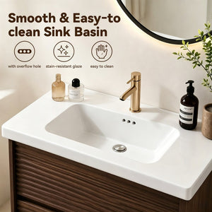 English Elm Wall Mounted Floating Bathroom Vanity with Ceramic Sink Soft Close Drawers Modern Walnut W3133S00044
