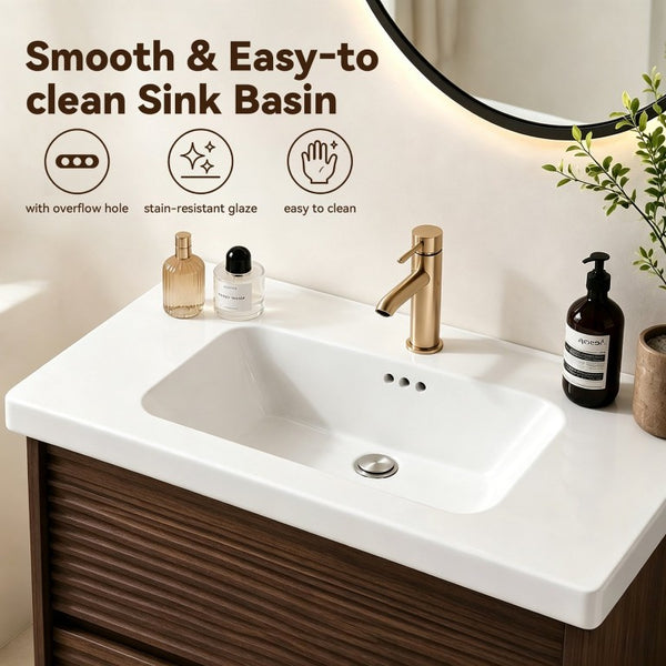 English Elm Wall Mounted Floating Bathroom Vanity with Ceramic Sink Soft Close Drawers Modern Walnut W3133S00044