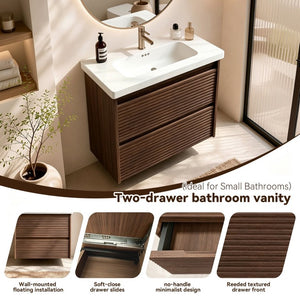 English Elm Wall Mounted Floating Bathroom Vanity with Ceramic Sink Soft Close Drawers Modern Walnut W3133S00044