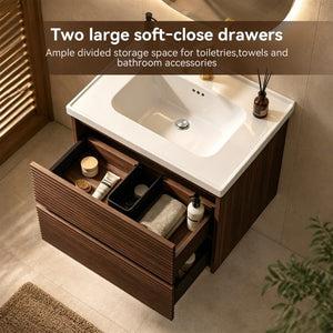 English Elm Wall Mounted Floating Bathroom Vanity with Ceramic Sink Soft Close Drawers Modern Walnut W3133S00044