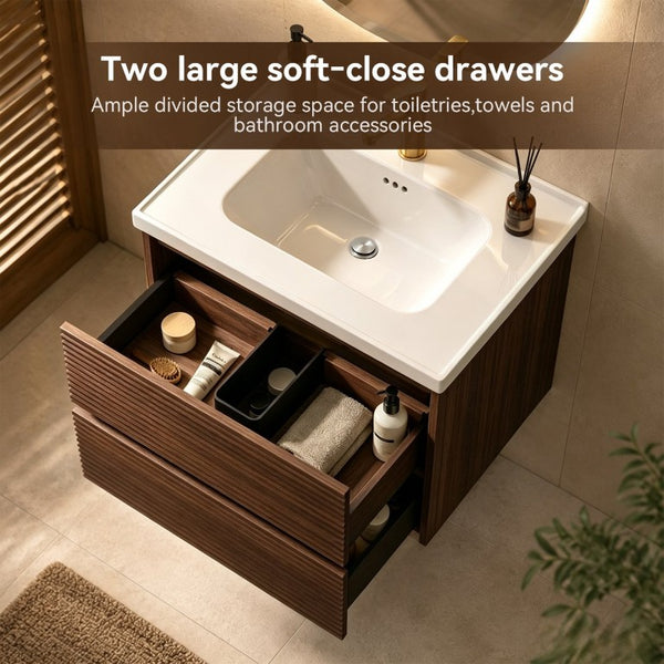 English Elm Wall Mounted Floating Bathroom Vanity with Ceramic Sink Soft Close Drawers Modern Walnut W3133S00044