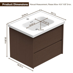 English Elm Wall Mounted Floating Bathroom Vanity with Ceramic Sink Soft Close Drawers Modern Walnut W3133S00044