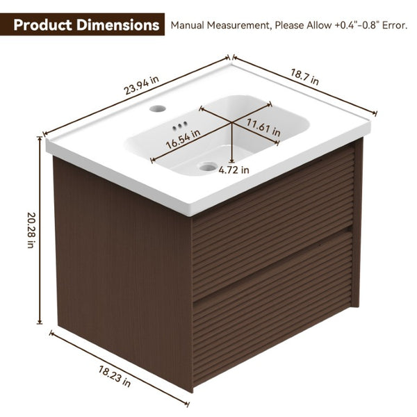 English Elm Wall Mounted Floating Bathroom Vanity with Ceramic Sink Soft Close Drawers Modern Walnut W3133S00044