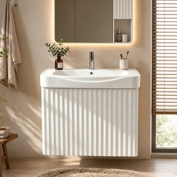 English Elm Wall Mount Floating Bathroom Vanity with Ceramic Sink Solid Wood Soft Close Cabinet W3133S00045