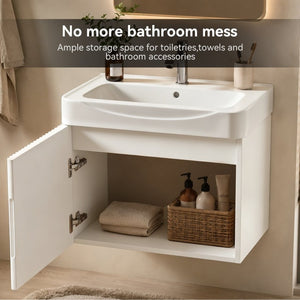 English Elm Wall Mount Floating Bathroom Vanity with Ceramic Sink Solid Wood Soft Close Cabinet W3133S00045
