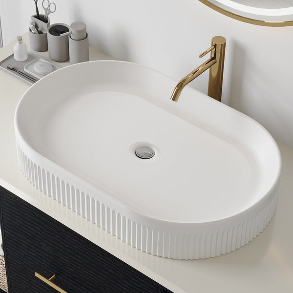English Elm 22.8-in Oval Ceramic Vessel Sink with Striped Texture for Modern Bathroom Vanities W3136P371943
