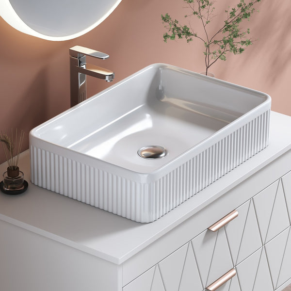English Elm White Glazed Fireclay Vessel Sink Rectangular Basin with Embossed Stripe Texture W3136P380710