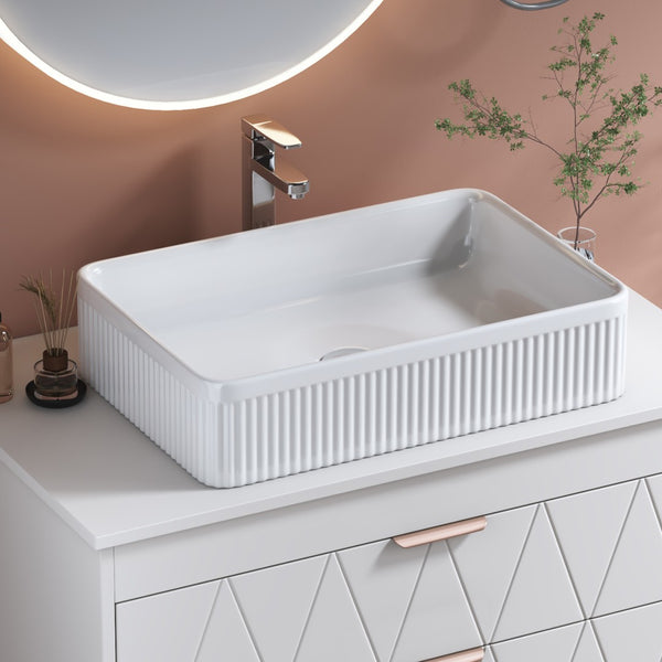 English Elm White Glazed Fireclay Vessel Sink Rectangular Basin with Embossed Stripe Texture W3136P380710