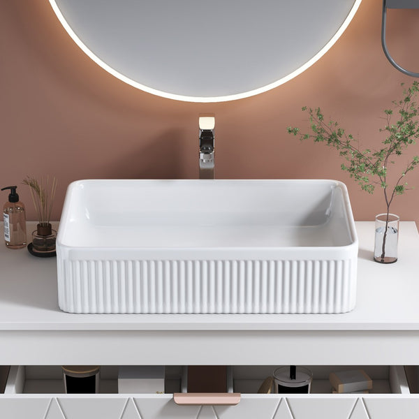 English Elm White Glazed Fireclay Vessel Sink Rectangular Basin with Embossed Stripe Texture W3136P380710