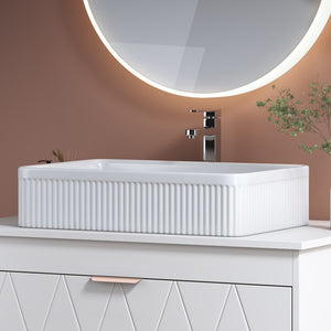 English Elm White Glazed Fireclay Vessel Sink Rectangular Basin with Embossed Stripe Texture W3136P380710