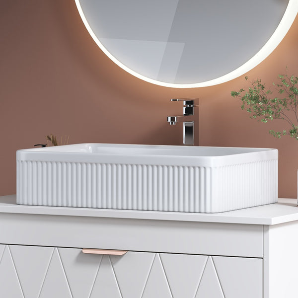 English Elm White Glazed Fireclay Vessel Sink Rectangular Basin with Embossed Stripe Texture W3136P380710
