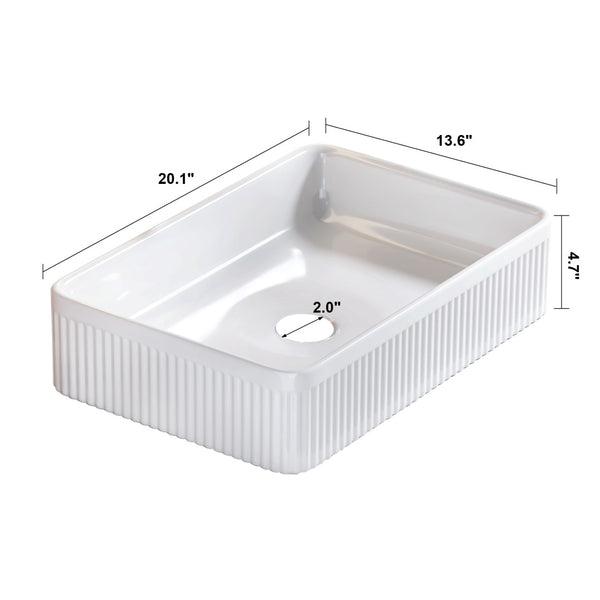 English Elm White Glazed Fireclay Vessel Sink Rectangular Basin with Embossed Stripe Texture W3136P380710