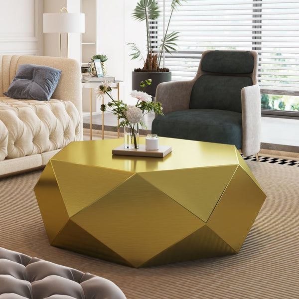 English Elm Modern Stainless Steel Hexagonal Coffee Table Geometric Sculptural Design for Living Room Gold W3136P501477