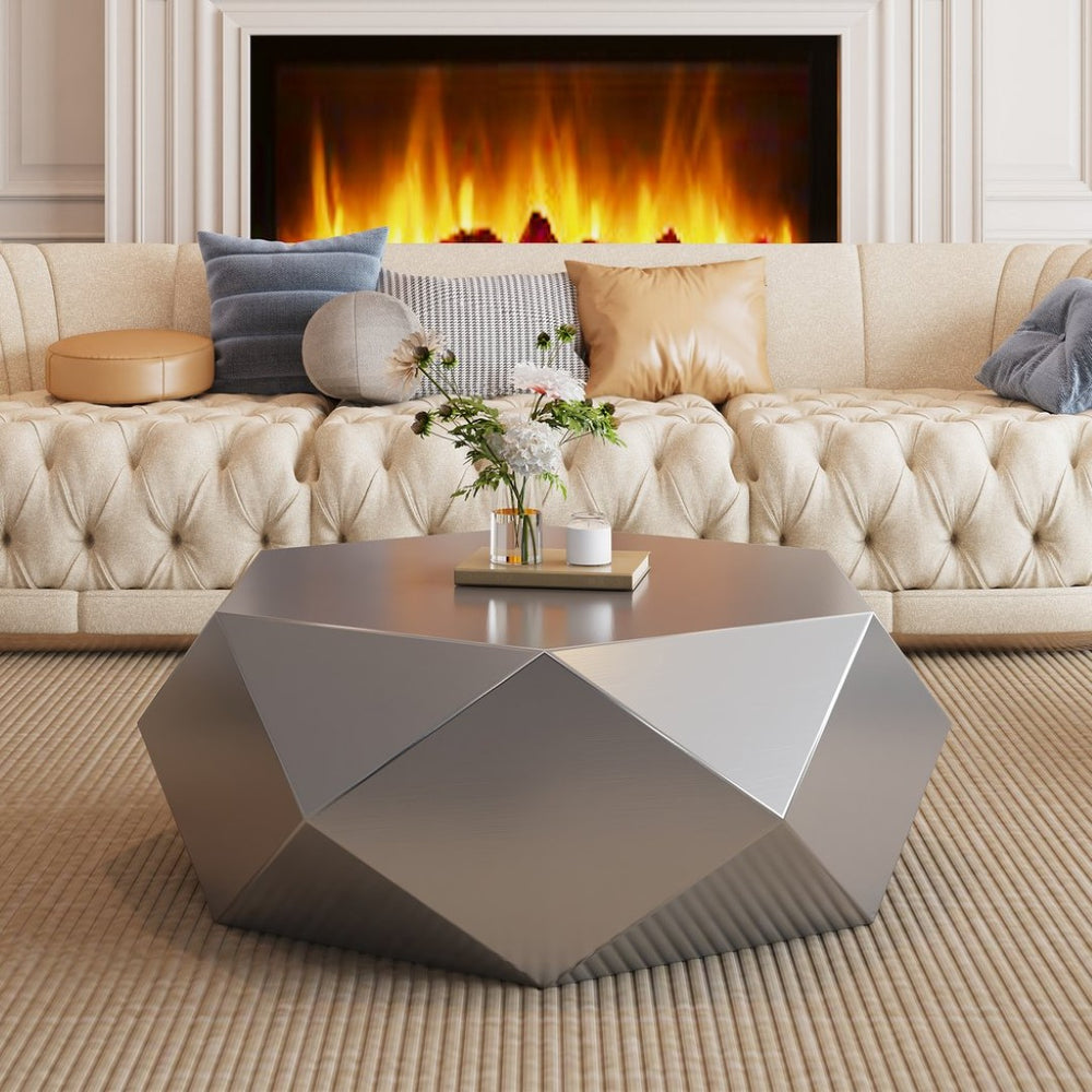 English Elm Modern Stainless Steel Hexagonal Coffee Table Geometric Sculptural Design for Living Room Silver W3136P501478
