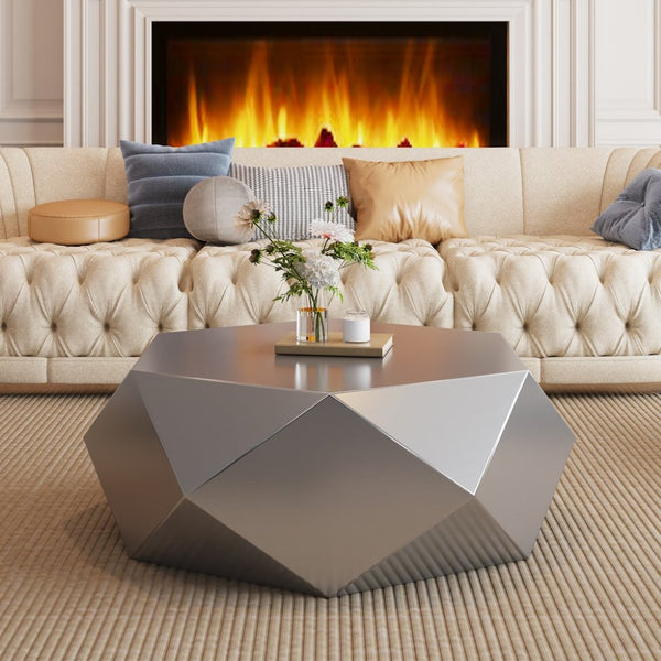 English Elm Modern Stainless Steel Hexagonal Coffee Table Geometric Sculptural Design for Living Room Silver W3136P501478