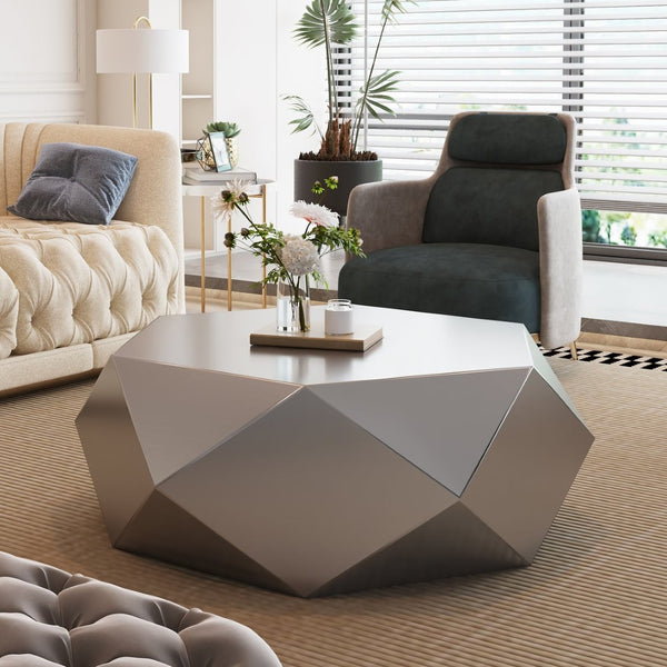 English Elm Modern Stainless Steel Hexagonal Coffee Table Geometric Sculptural Design for Living Room Silver W3136P501478