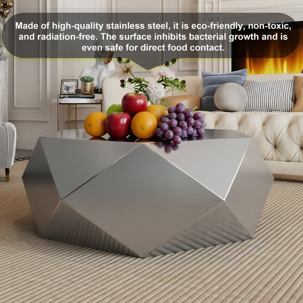 English Elm Modern Stainless Steel Hexagonal Coffee Table Geometric Sculptural Design for Living Room Silver W3136P501478
