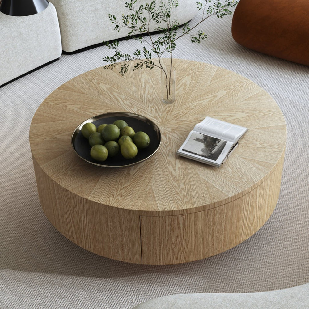 English Elm 35.4" Round Ash Veneer Coffee Table with 2 Drawers for Scandinavian Living Rooms W3136P517606
