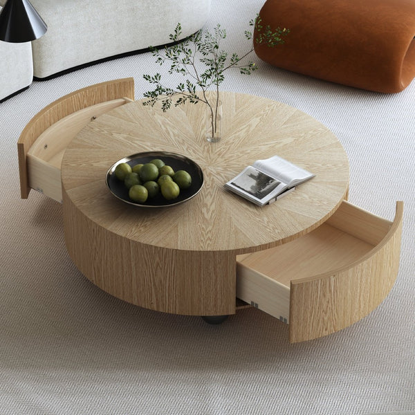English Elm 35.4" Round Ash Veneer Coffee Table with 2 Drawers for Scandinavian Living Rooms W3136P517606
