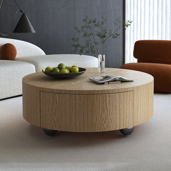 English Elm 35.4" Round Ash Veneer Coffee Table with 2 Drawers for Scandinavian Living Rooms W3136P517606