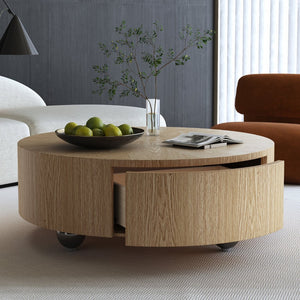 English Elm 35.4" Round Ash Veneer Coffee Table with 2 Drawers for Scandinavian Living Rooms W3136P517606