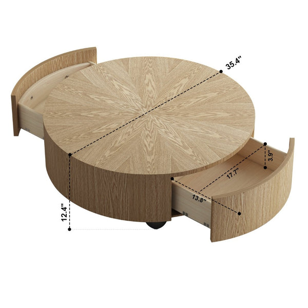 English Elm 35.4" Round Ash Veneer Coffee Table with 2 Drawers for Scandinavian Living Rooms W3136P517606