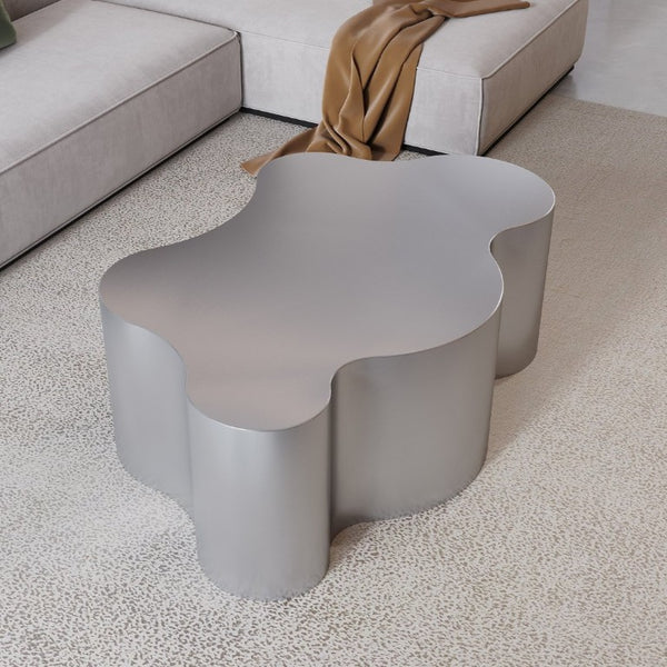 English Elm 39.4 Inch Crown Silhouette Stainless Steel Coffee Table Sculptural Glam Living Room Focal W3136P539016
