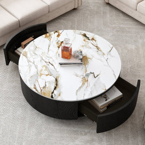 English Elm Rustic Round Coffee Table Sintered Stone Top Soft Close Drawers Modern Living Room W3136P539021