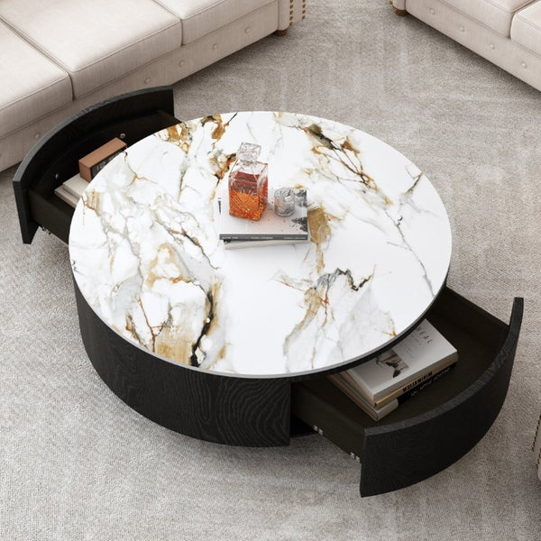 English Elm Rustic Round Coffee Table Sintered Stone Top Soft Close Drawers Modern Living Room W3136P539021