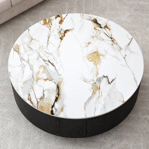 English Elm Rustic Round Coffee Table Sintered Stone Top Soft Close Drawers Modern Living Room W3136P539021