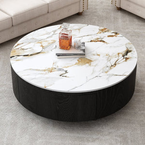 English Elm Rustic Round Coffee Table Sintered Stone Top Soft Close Drawers Modern Living Room W3136P539021
