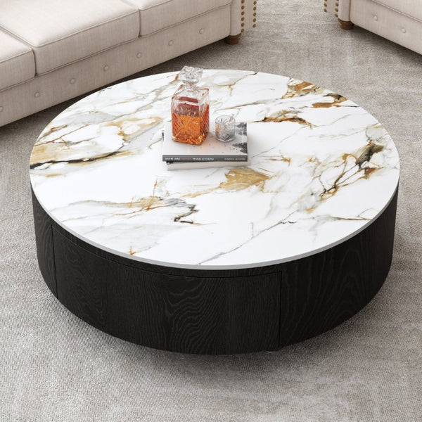 English Elm Rustic Round Coffee Table Sintered Stone Top Soft Close Drawers Modern Living Room W3136P539021