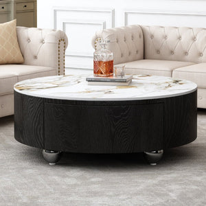 English Elm Rustic Round Coffee Table Sintered Stone Top Soft Close Drawers Modern Living Room W3136P539021