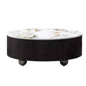 English Elm Rustic Round Coffee Table Sintered Stone Top Soft Close Drawers Modern Living Room W3136P539021
