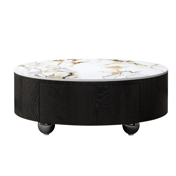 English Elm Rustic Round Coffee Table Sintered Stone Top Soft Close Drawers Modern Living Room W3136P539021