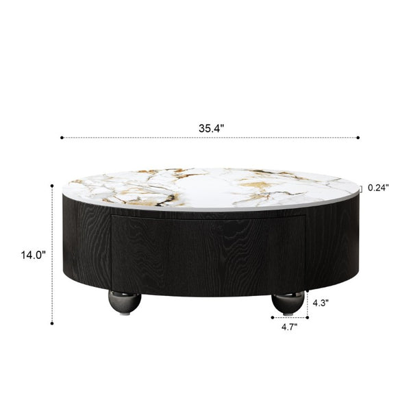 English Elm Rustic Round Coffee Table Sintered Stone Top Soft Close Drawers Modern Living Room W3136P539021