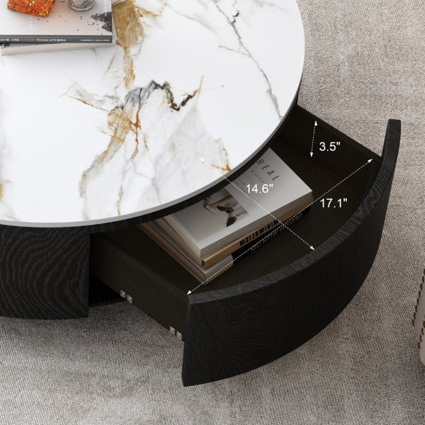 English Elm Rustic Round Coffee Table Sintered Stone Top Soft Close Drawers Modern Living Room W3136P539021