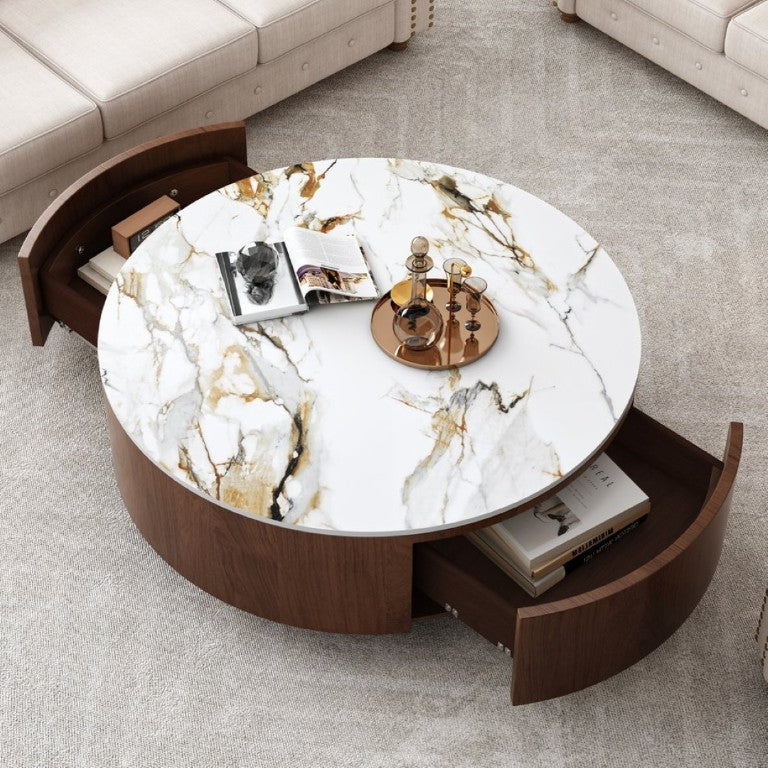 English Elm Rustic Round Coffee Table Sintered Stone Top Walnut Veneer Base Modern Living Room W3136P552849