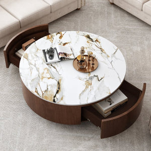 English Elm Rustic Round Coffee Table Sintered Stone Top Walnut Veneer Base Modern Living Room W3136P552849
