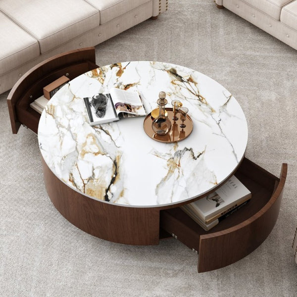 English Elm Rustic Round Coffee Table Sintered Stone Top Walnut Veneer Base Modern Living Room W3136P552849