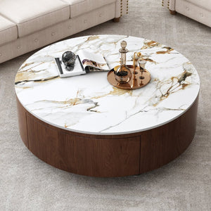 English Elm Rustic Round Coffee Table Sintered Stone Top Walnut Veneer Base Modern Living Room W3136P552849