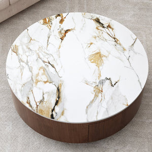 English Elm Rustic Round Coffee Table Sintered Stone Top Walnut Veneer Base Modern Living Room W3136P552849