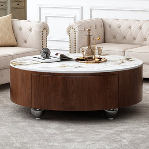 English Elm Rustic Round Coffee Table Sintered Stone Top Walnut Veneer Base Modern Living Room W3136P552849