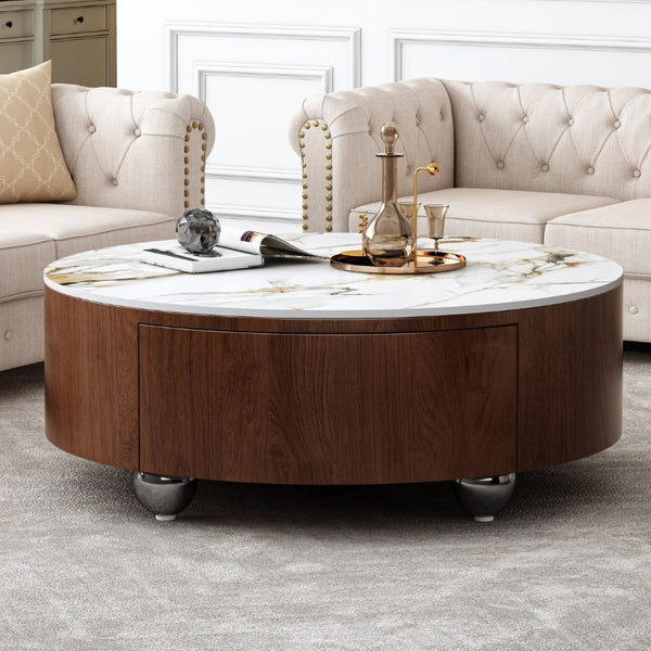 English Elm Rustic Round Coffee Table Sintered Stone Top Walnut Veneer Base Modern Living Room W3136P552849