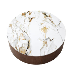 English Elm Rustic Round Coffee Table Sintered Stone Top Walnut Veneer Base Modern Living Room W3136P552849