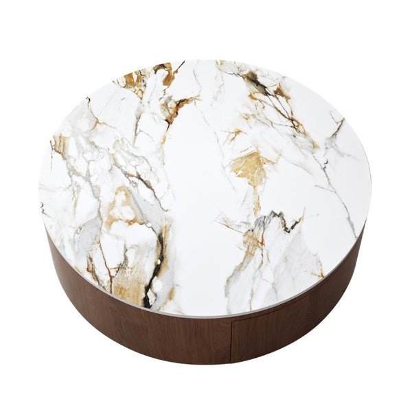 English Elm Rustic Round Coffee Table Sintered Stone Top Walnut Veneer Base Modern Living Room W3136P552849