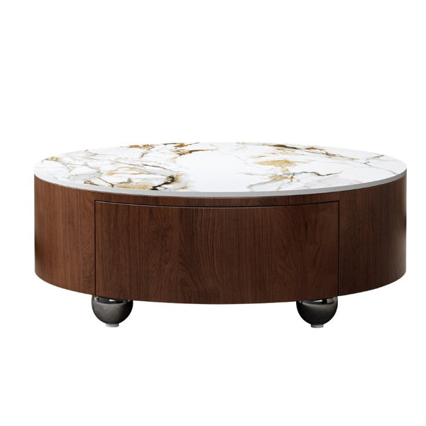 English Elm Rustic Round Coffee Table Sintered Stone Top Walnut Veneer Base Modern Living Room W3136P552849