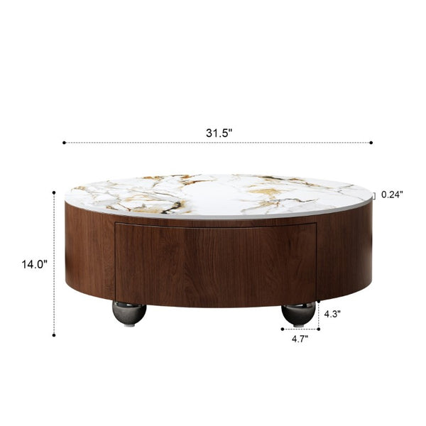 English Elm Rustic Round Coffee Table Sintered Stone Top Walnut Veneer Base Modern Living Room W3136P552849